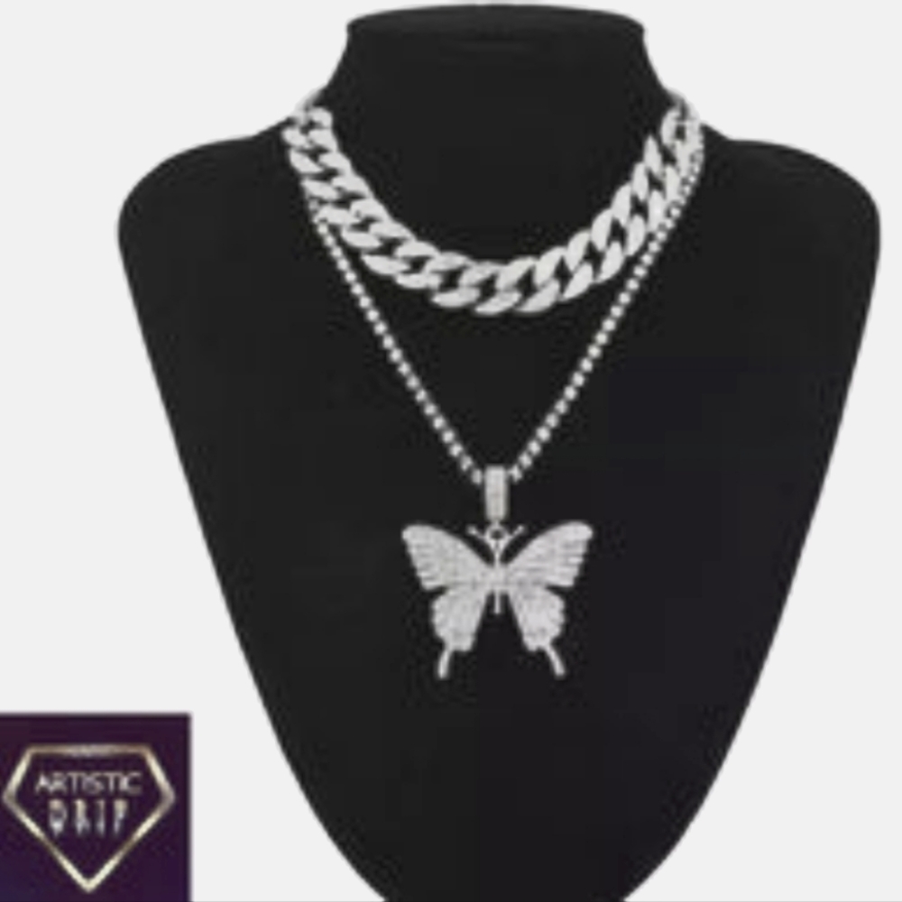 Dual Tennis Chain and Cuban Link Choker With Butterfly Pendant